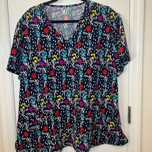 Vibrant Red and Blue Relaxed Short Sleeve Blouse